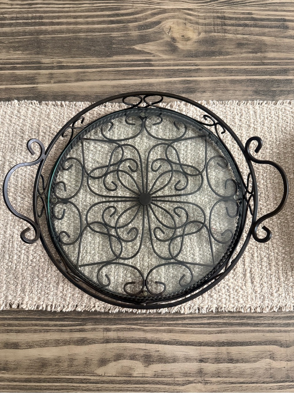Southern living at Home Jamestown Footed Tray, brown, wrought iron, w/glass.